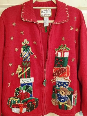 Women's Vintage Heirloom Collectable Christmas Packages Zip Ugly Cardigan Sz XL
