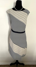 Ann Taylor Sheath Dress Black/Ivory Striped Boat Neck Lined 10 Knee Belted EUC