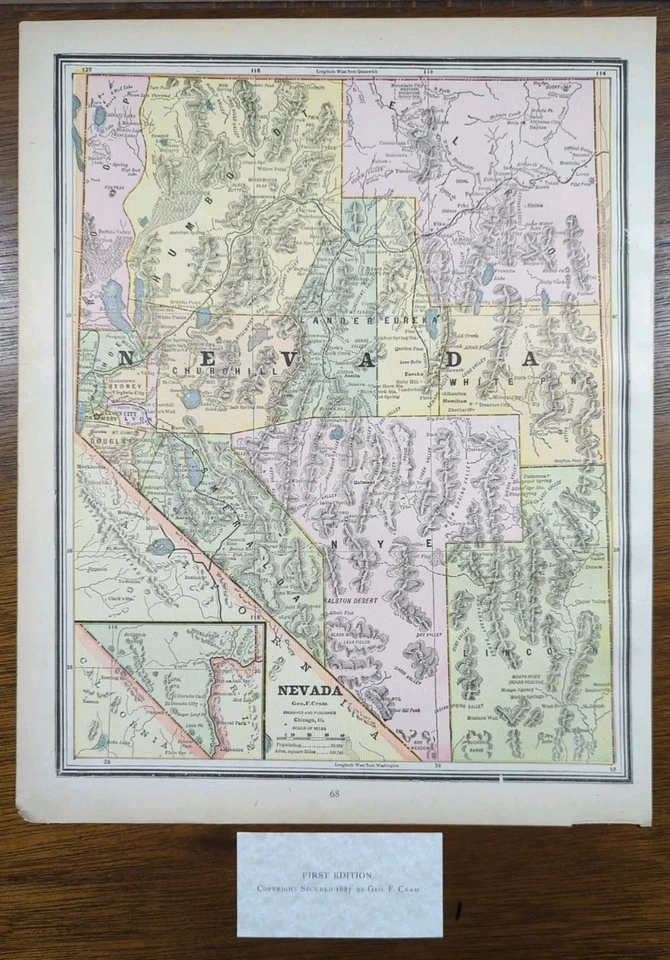 Mapa NEVADA 1887 11"x13" Antiguo Original CARSON CITY VIRGINIA CITY Foto 2 de 4