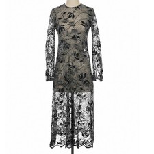 Zara Black Mixed Mesh and Floral Lace Midi Dress Sheer Long Sleeve Small