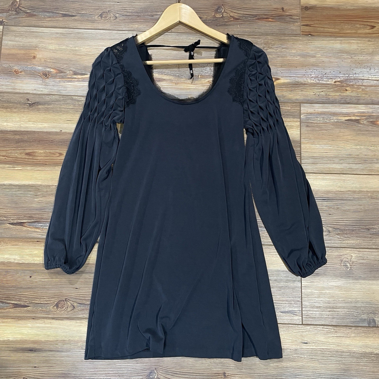 FREE PEOPLE Mini Dress Black Gray Lace Accent Size XS Boho Festival Long Sleeve