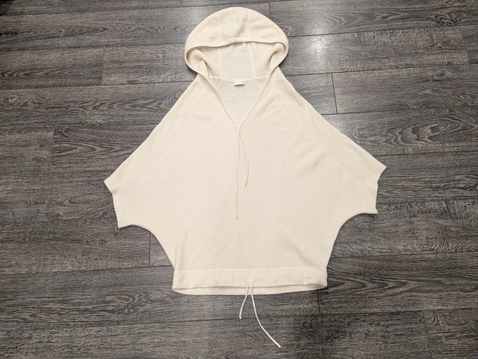 TSE 100% CASHMERE Hooded Poncho Pullover Sweater V-Neck Tie Cream sz Medium