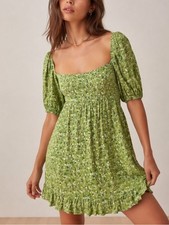 Reformation Bristol Dress Women's Extra Small Green Floral Mini Puff Sleeve Roma