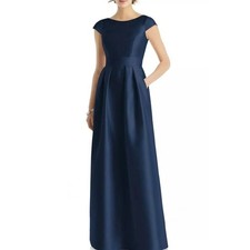 Alfred Sung Women's Satin Twill Gown Bridesmaid Dress Cap Sleeve D767 Midnight 