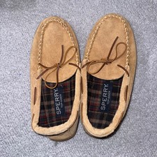 Sperry Top-Sider Mens Moccasin Slippers Tan Suede Leather Plaid Lined size 8