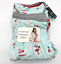 Cuddl Duds Crystal Fleece V-Neck Pajama Set White Dogs Skiing Teal Red Women's L