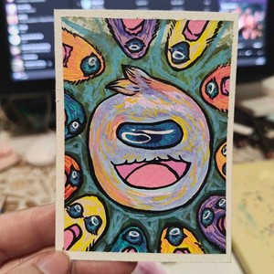 Original ACEO card ONE EYED PUFFLE PARTY art by crankycreation