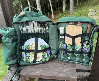 Vintage Loaded Picnic Backpack for 4 People- Green Wine Cooler Picnic Set