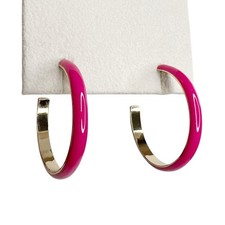 Pink Fuchsia Enamel  Gold Tone Pierced 1.25  Hoop Earrings Fun Colorful Party