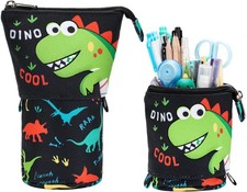 Standing Pencil Case for Boys - Telescopic Kawaii Pencil Pouch, Black Dinosaur