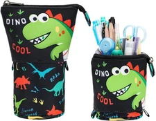 Standing Pencil Case for Boys - Telescopic Kawaii Pencil Pouch, Black Dinosaur