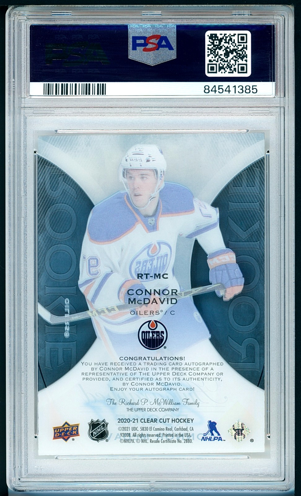 2020-21 UD Clear Cut CONNOR McDAVID AUTO Rookie Tribute Autograph #RT-MC PSA 10 view 2
