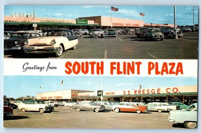 c1960 Flint Michigan MI Postcard Plaza Greetings South Store Building Parking