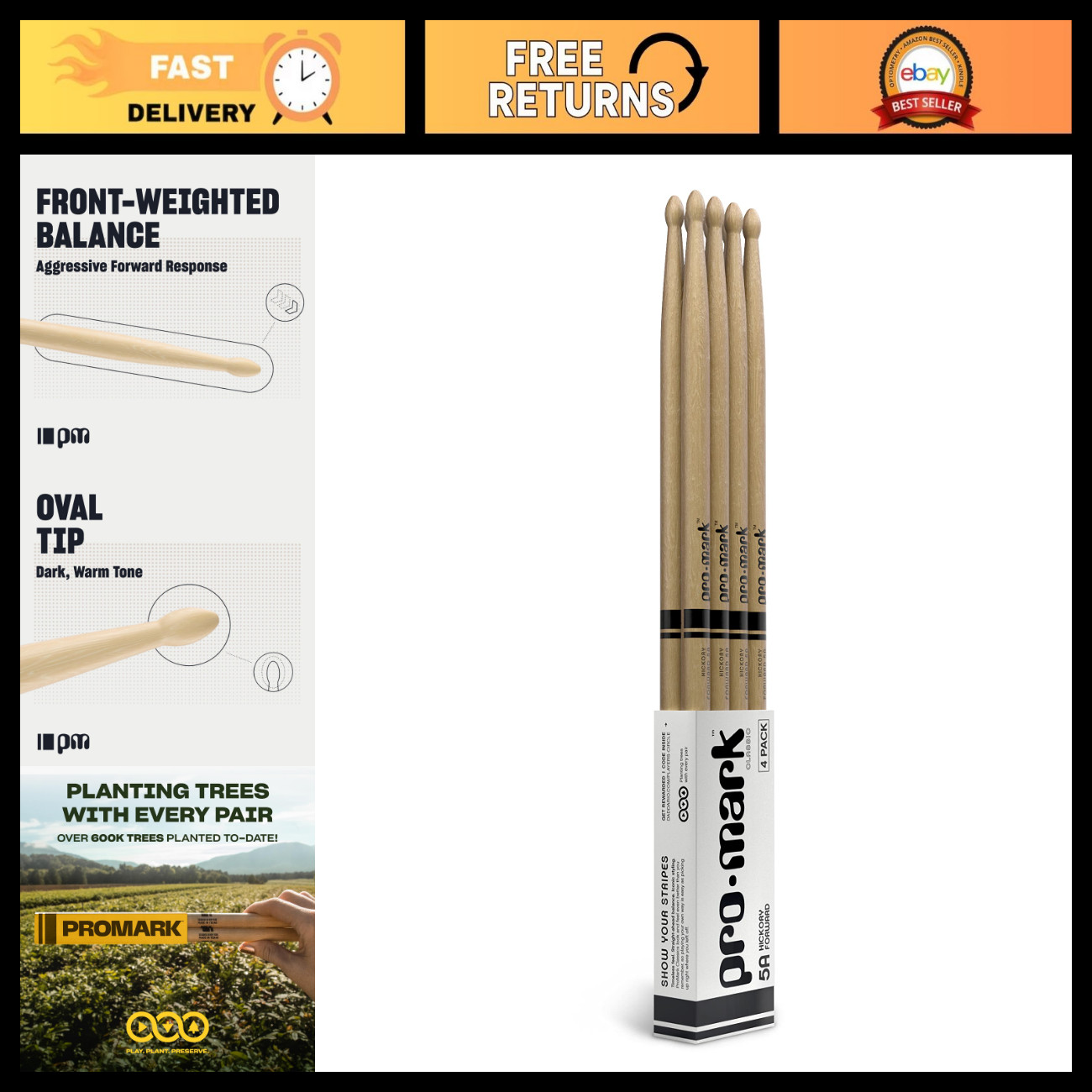 Classic 5A Drumsticks - Wood Tip, 4 Pairs, Perfect for Drummers, Durable & Light