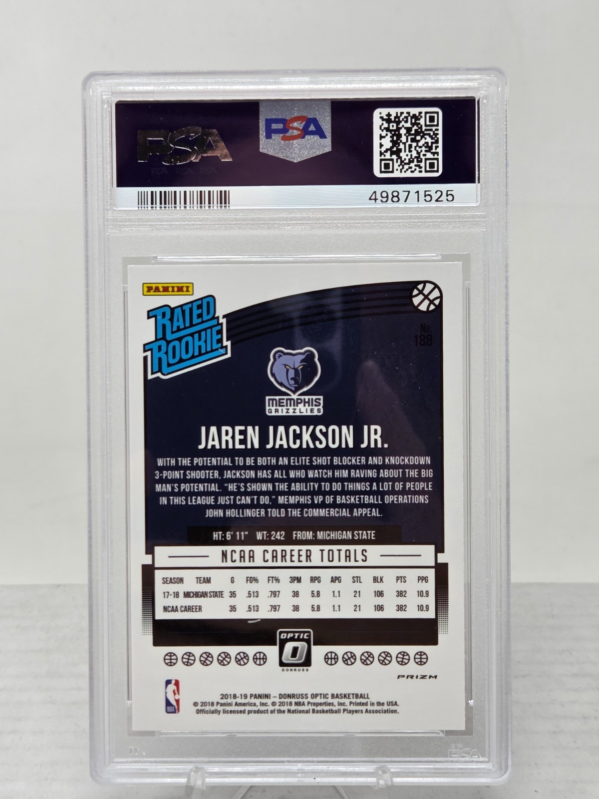 2018 Optic JAREN JACKSON JR. Shock Refractor Rookie Card PSA 10 Gem Mint view 2