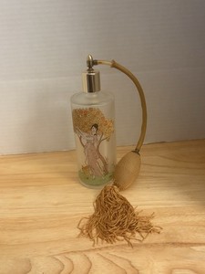 7.5” Asian Woman With Tree, Art Nouveau, Frosted Glass Perfume Bottle/Automizer
