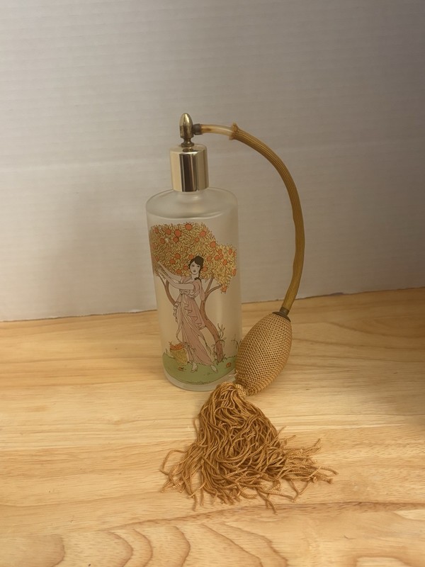 7.5” Asian Woman With Tree, Art Nouveau, Frosted Glass Perfume Bottle/Automizer