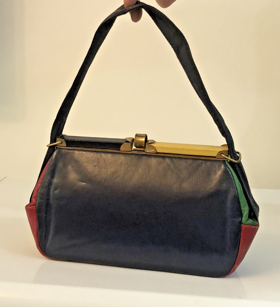 1950's Leather Patchwork Handbag with Brass Fitti… - image 4