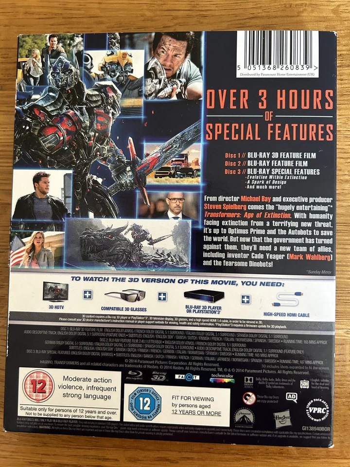 Transformers: Age Of Extinction (Blu ray 3D+2D, Lenticular Slipcase, Like New) - Image 2 of 2