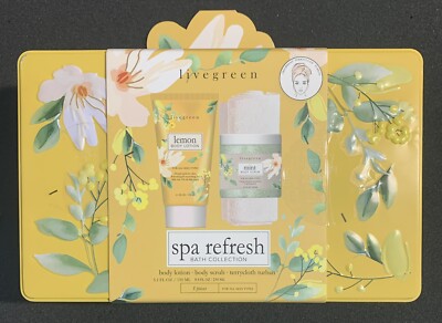Livegreen Spa Refresh Bath Collection Set Lotion/Scrub/Terrycloth
