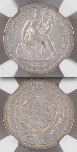 1844 NGC AU55 $3,500-CU Rare in AU! Nearly Unc! LEGENDARY KEY Seated Dime 10C