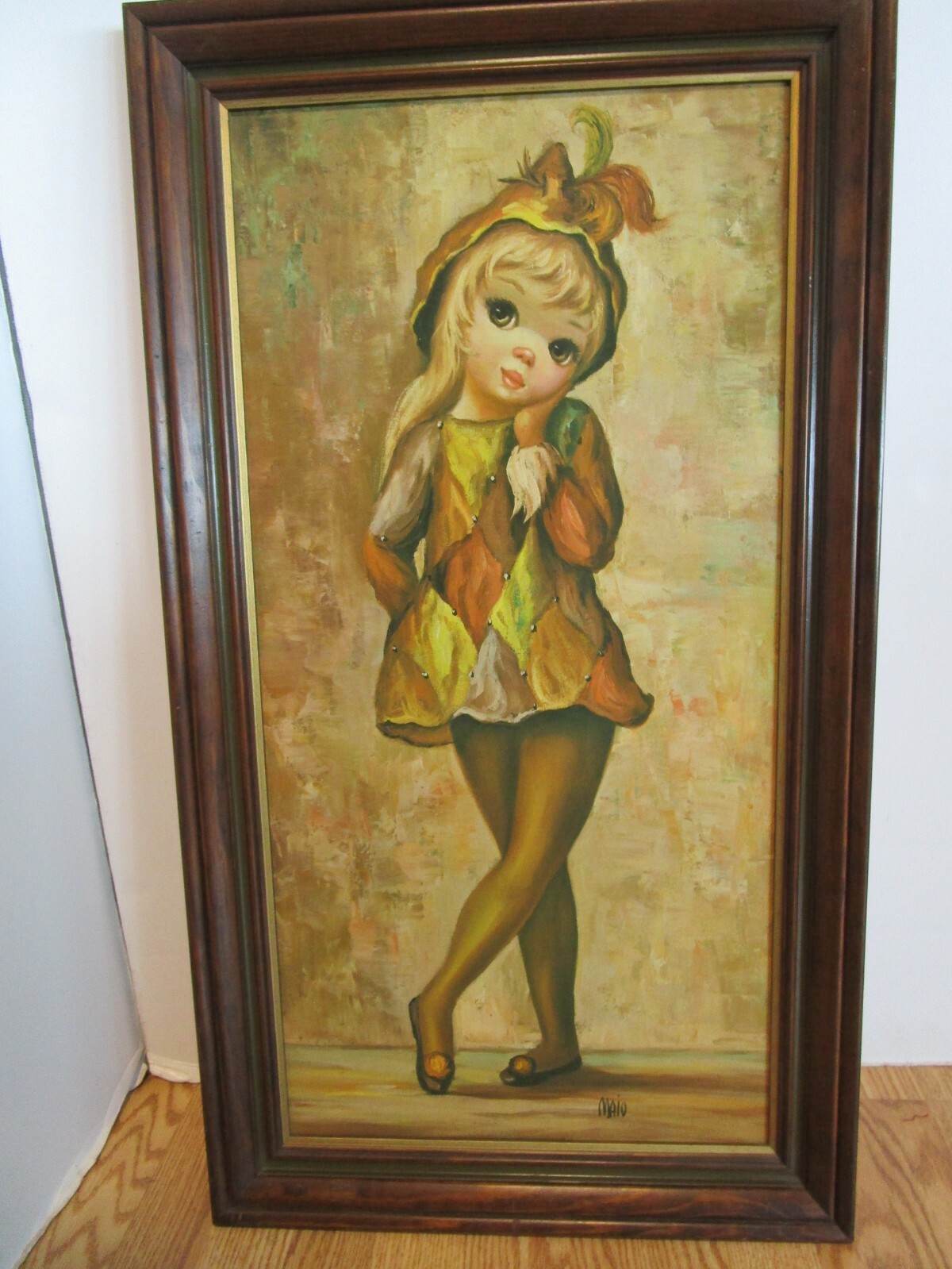 Vintage 1960s Big Eye Harlequin Girl Pixie MAIO Framed Wall Art Print 34 Inches Tall