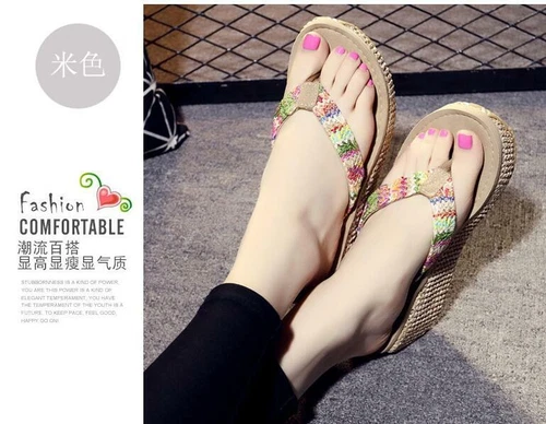 Damenschuhe Keilabsatz hoher Absatz Zehenstegsandalen Sommer Hausschuhe Freizeit Flip Flops - Bild 4 von 11