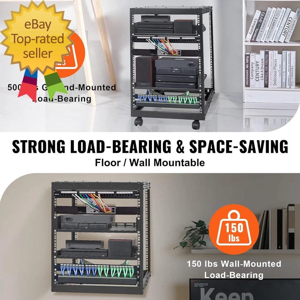 15U Open Frame Server Rack 23''-40'' Adjustable Depth Free Standing or Wall - Image 3 of 4