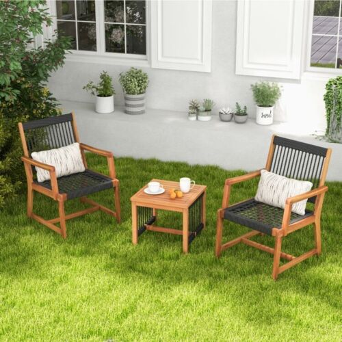 3 Pcs Outdoor Patio Acacia Wood Conversation Set w/ Coffee Table 2 Dining Chair - Picture 2 of 10