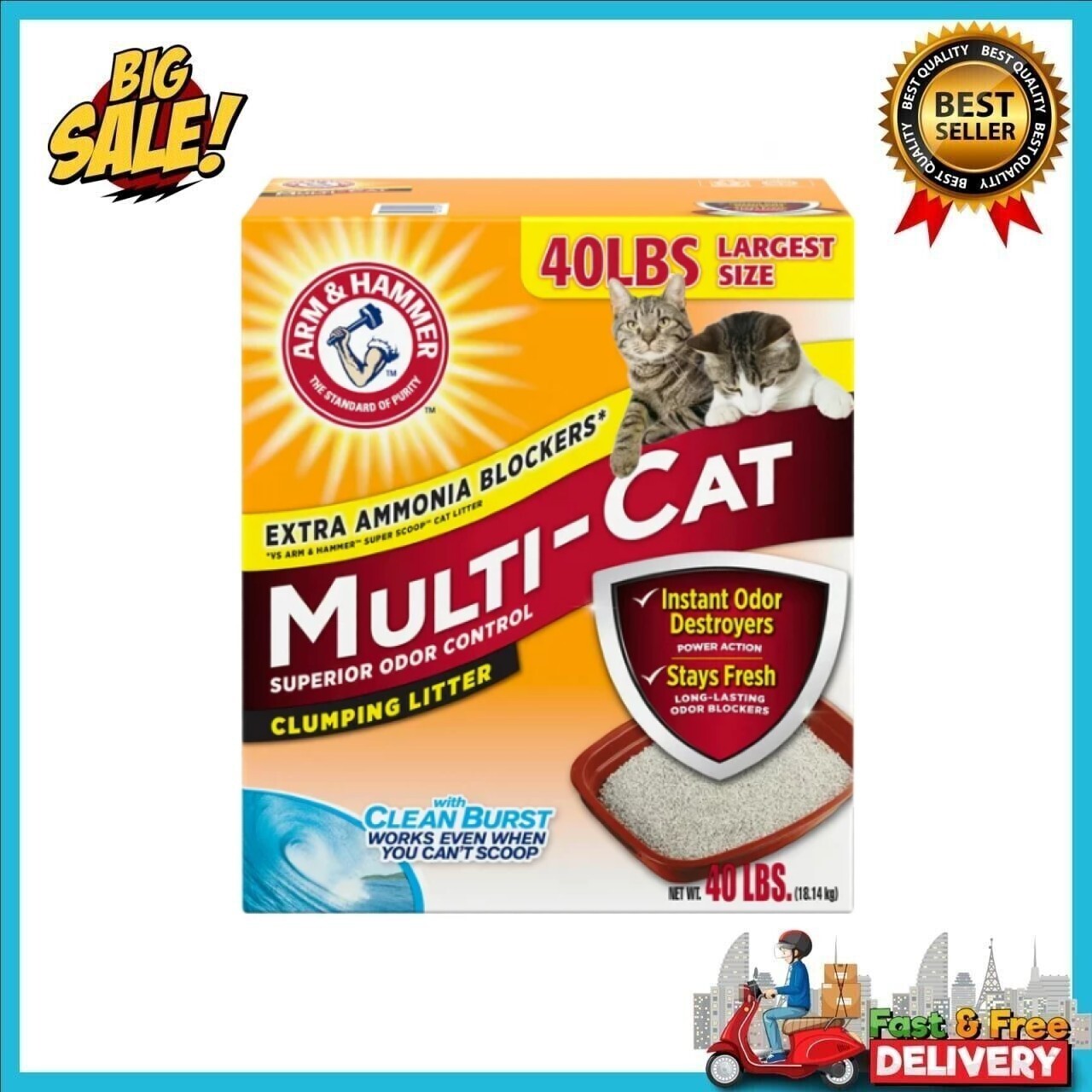 Arm & Hammer MultiCat Superior Odor Control Clumping Cat Litter, 40lb