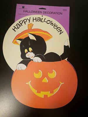 Vintage American Greetings Halloween Die Cut Decoration Pumpkin Cat  NOS