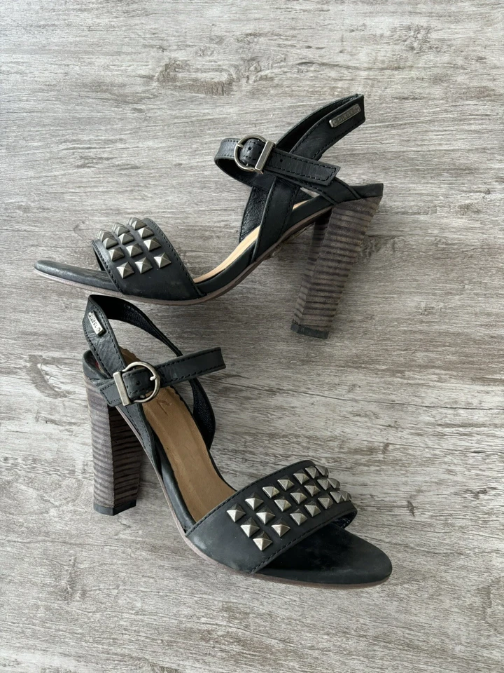 DIESEL Cuir Desir Soleil Tacón Bloque Tachonado Cuero Negro Correa al Tobillo Talla 37 Foto 3 de 4