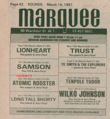 SAMSON UK TIMELINE Advert - Marquee Fri-13-Mar-1981 4x3 inches