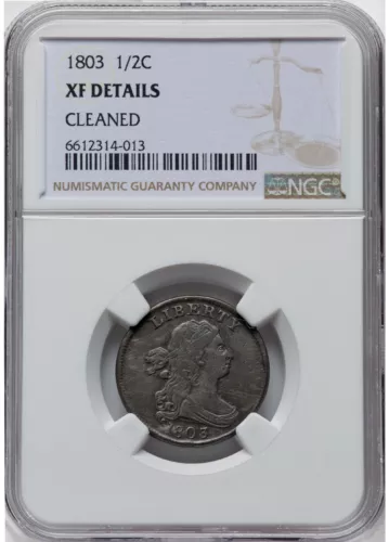 1803 1/2 C Draped Bust Half Cent NGC Certified XF Details. Mintage 92,000