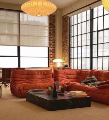 Trendy Y2K Modern Togo 2-Seater Sofa - Orange Suede Togo Sofa Couch