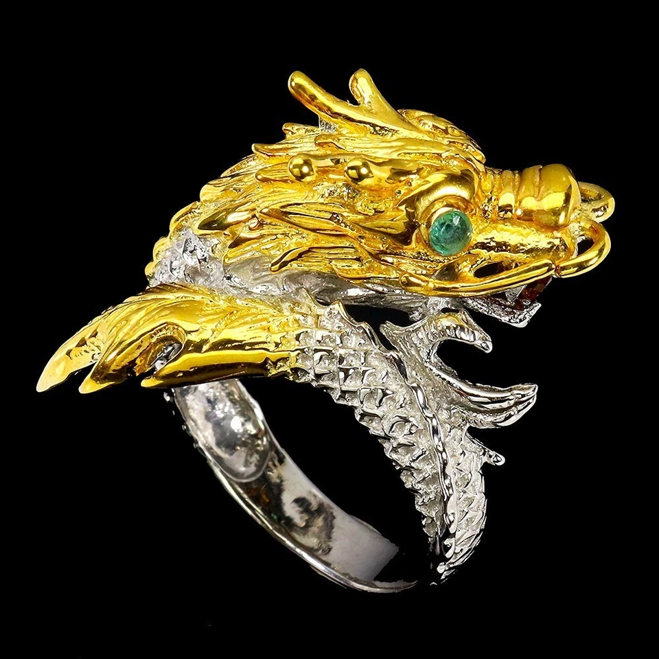 ANEL DRAGÃO AMARELO CITRINO E ESMERALDA 2 TONS PRATA ESTERLINA 925 14K WGP TAMANHO 7,5 - Imagem 2 de 3