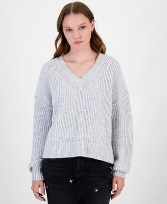 Hippie Rose LIGHT HEATHER Women's Juniors' V-Neck Oversized Sweater, US