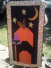 Halloween Wall Hanging Quilt Handmade Black Cat Moon Stars 24" x 44"