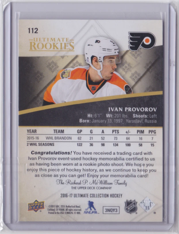 2016-17 UD ULTIMATE COLLECTION ULTIMATE ROOKIES /249 IVAN PROVOROV #112 FLYERS - Image 2 of 2