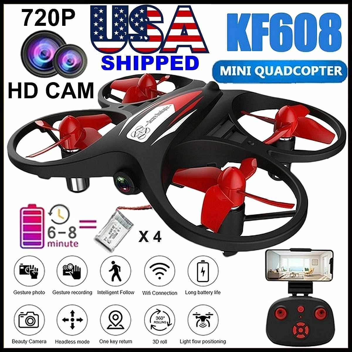 KF608 FPV mini Drone 720P HD Cam 32mins Flight Time 30m 4