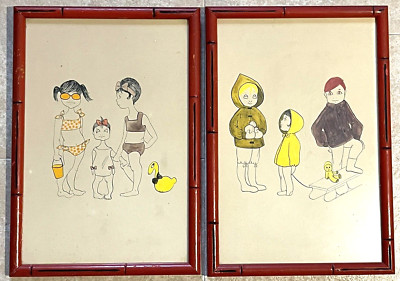 2 Orig Pen & Ink Drawings ''Paula'' Elkins Children Illustrations Red Wood Frames