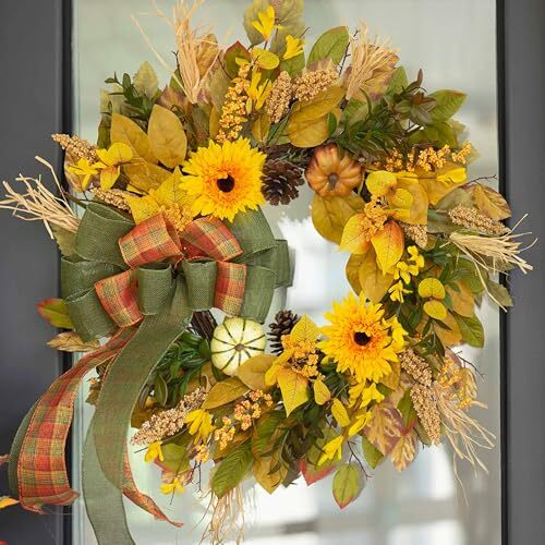 Fall Wreaths for Front Door, Sunflower Wreath with Pumpkins and Burlap Bows, - Picture 4 of 6