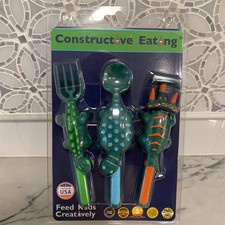 Constructive Eating Dinosaur Kids Utensil Set   Fork, Spoon  Pusher NEW Sealed