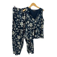 Halston 2 Piece Satin Pajama Set Lounge Size XL Blue Floral Silky Luxury Pull On