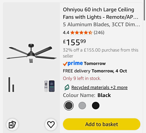 Ohniyou 60in Ceiling Fan with Light, Remote/App Control, Black, 5-Blade