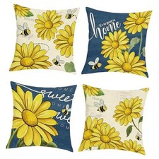 Spring Summer Sunflower Bees Throw Pillow Covers 18x18 Inch Set of 4 Sweet