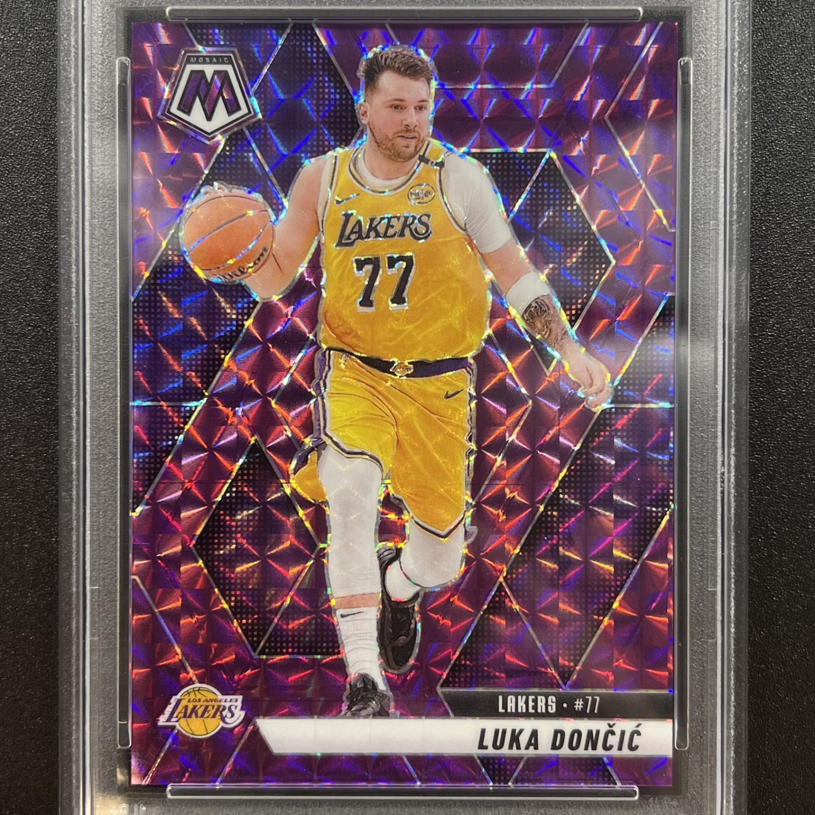 Luka Doncic /99 100 Purple PSA 9 2024-25 Panini Mosaic Basketball NBA LA Lakers view 3