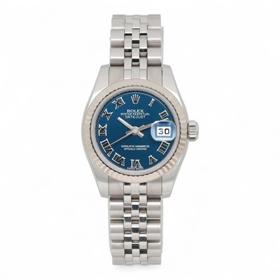 Rolex Lady Datejust 26MM 18K White Gold Steel Roman Blue Dial  Watch 179174