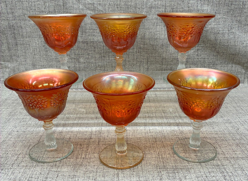 Imperial Grape Pattern Sherbet Dishes Marigold Carnival Glass Compote Set of 6