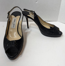Jimmy Choo Black Glitter And Lurex Fabric Nova Peep Toe Slingback Size 38.5